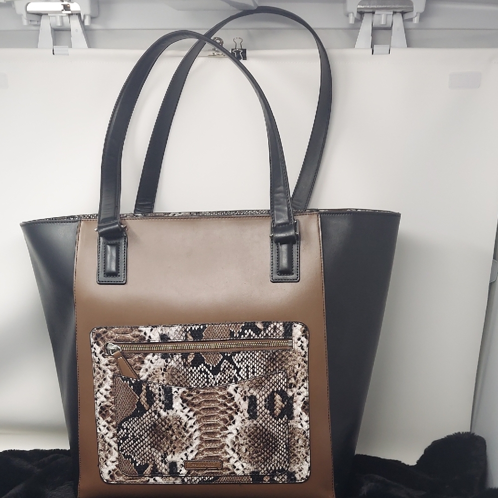 Vera Bradley Black and Brown XL Bowler Tote with Snakeskin Pocket